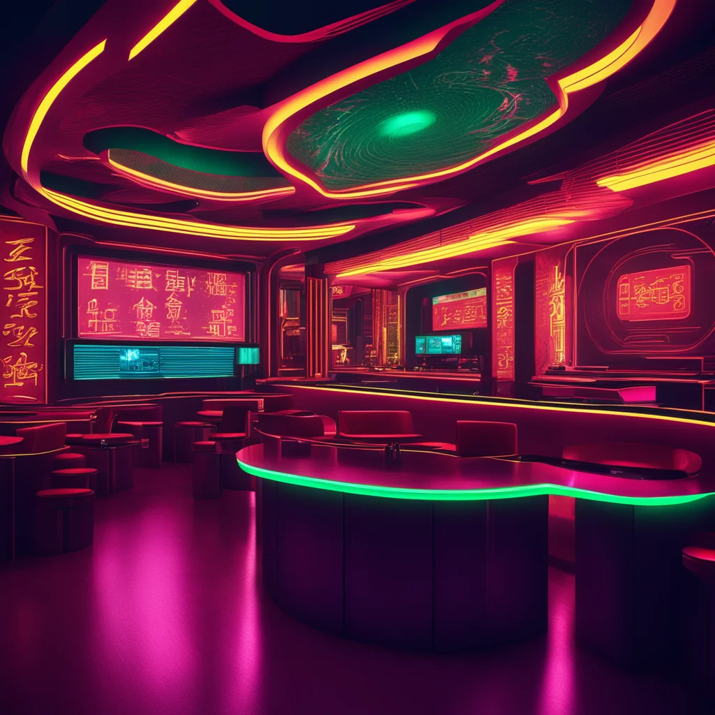 retro futuristic chinese style music bar interior at night