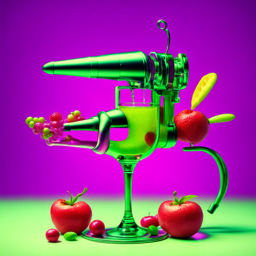 retro futuristic cocktail corkscrew raygun gothic style alcoholic beverage alien fruits floating in it