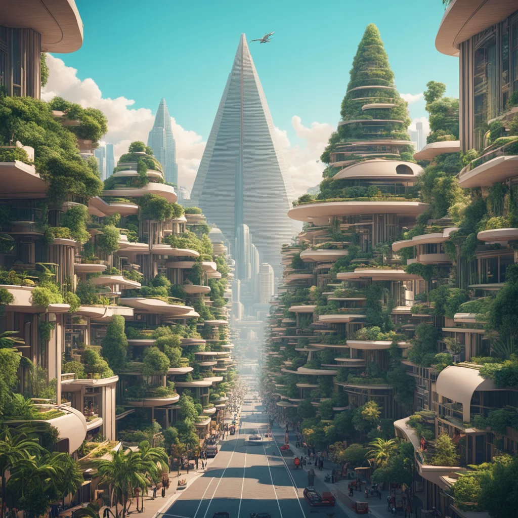retro futuristic highly detailed environment utopia plants everywhere pyramids crowded maximalist urban city utopia tree