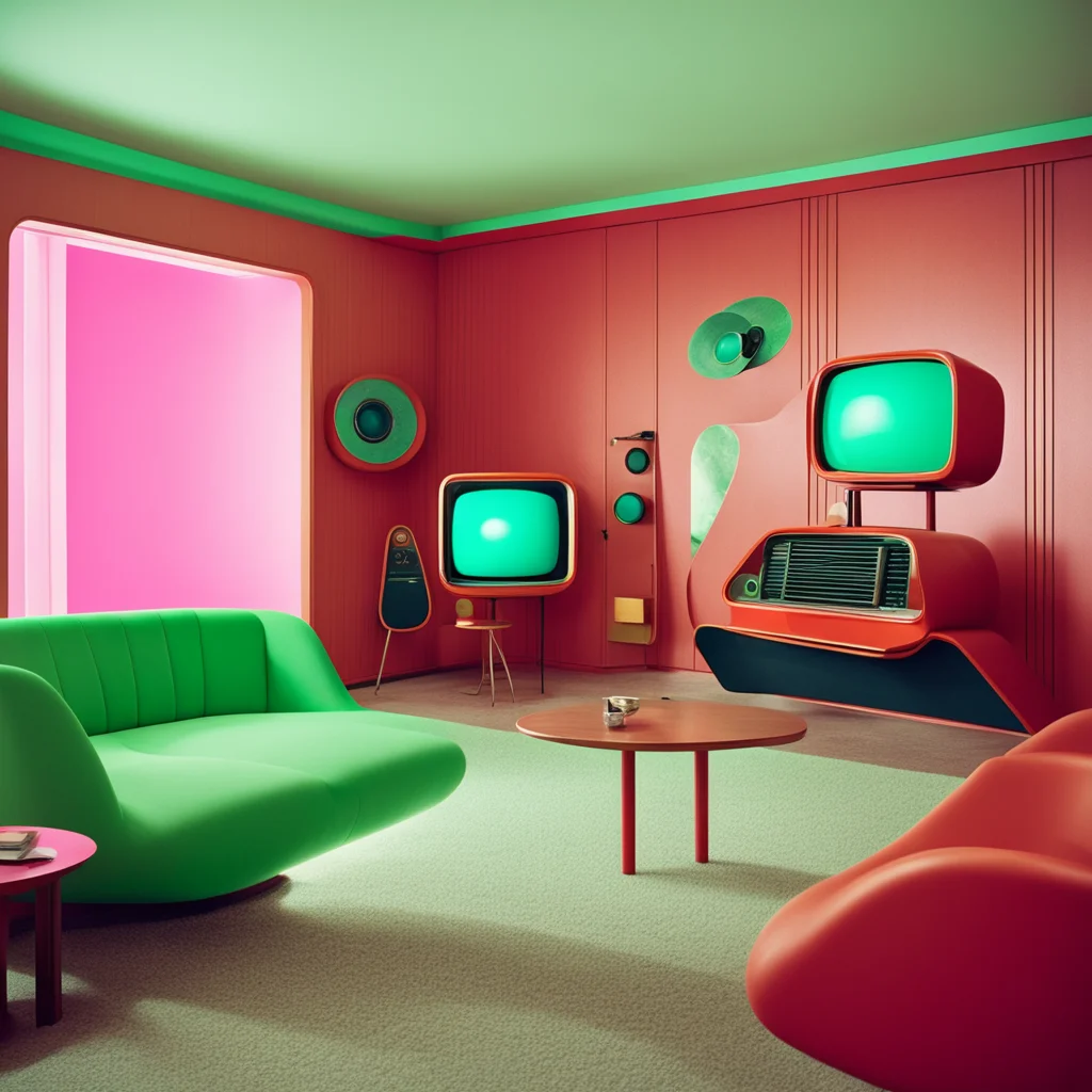 retro futuristic interior of apartment Vintage sci fi Television  mod couch  mid century modern furniture organic forms 