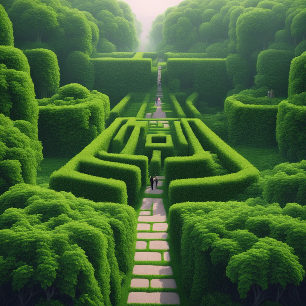 retro futuristic raygun gothic style Rambling hedge maze labyrinth maze wide shot stone paths dense overgrown hedges ram