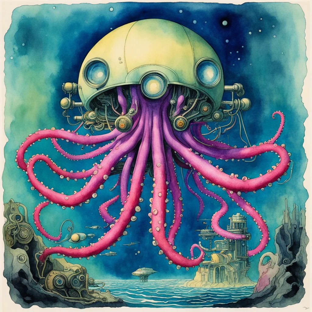 retro futuristic underwater science station shaped like a mechanical octopus mysterious dark Moebius  Jack Kirby Bill Si