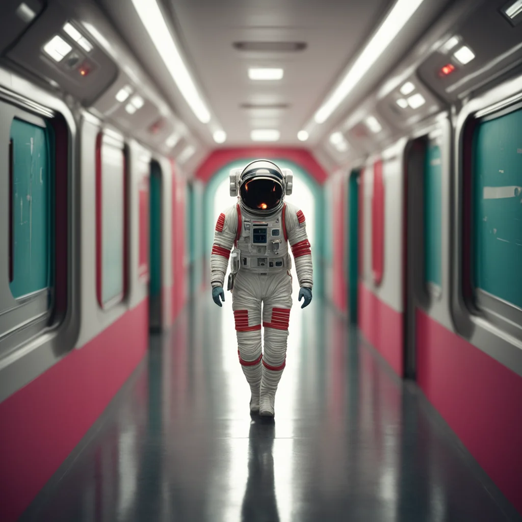 retro science fiction astronaut walking towards camera in spaceship hallway contre jour medium shot 50mm lens star wars 