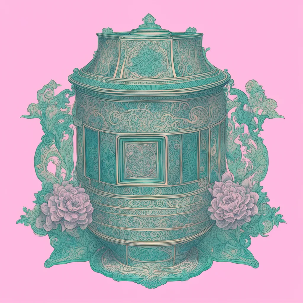 risograph of an Amazon Echo dot in the shape of an urn among an elaborate shrine