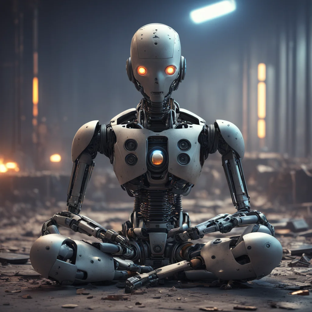 robot meditating Post apocalyptic cyberpunk ultra realistic cinematic lighting octane render 8K photo realistic ar 169