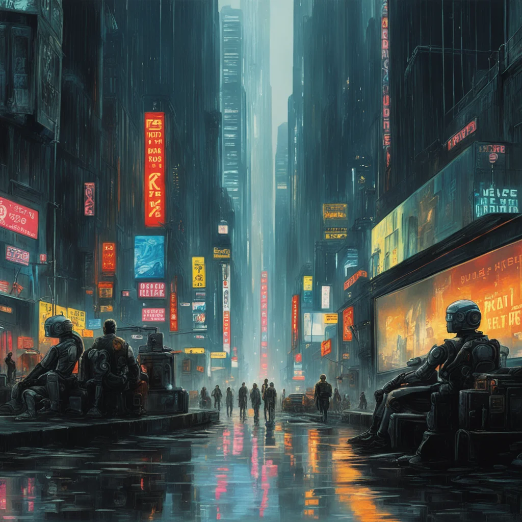robots sitting on the curb watching news on big screens concept art for blade runner cyberpunk realistic factory distric