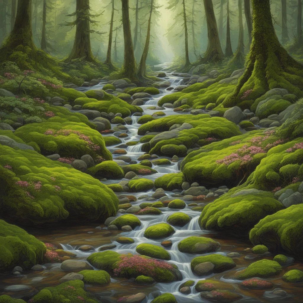 rocks along a shallow stream on the forest floor dappled light moss deep British Columbian wilderness birds bugs beautif