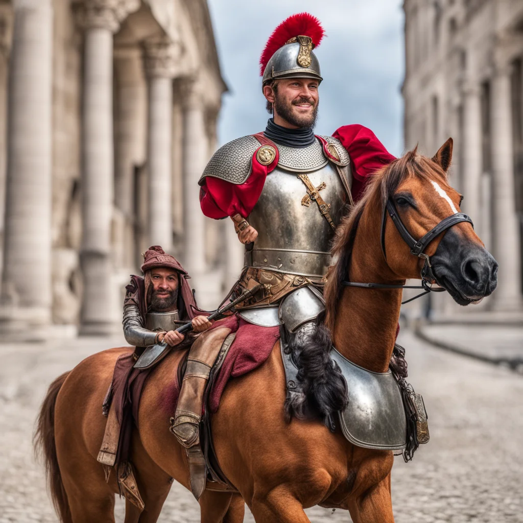 roman soldier on horse using a selfie stick