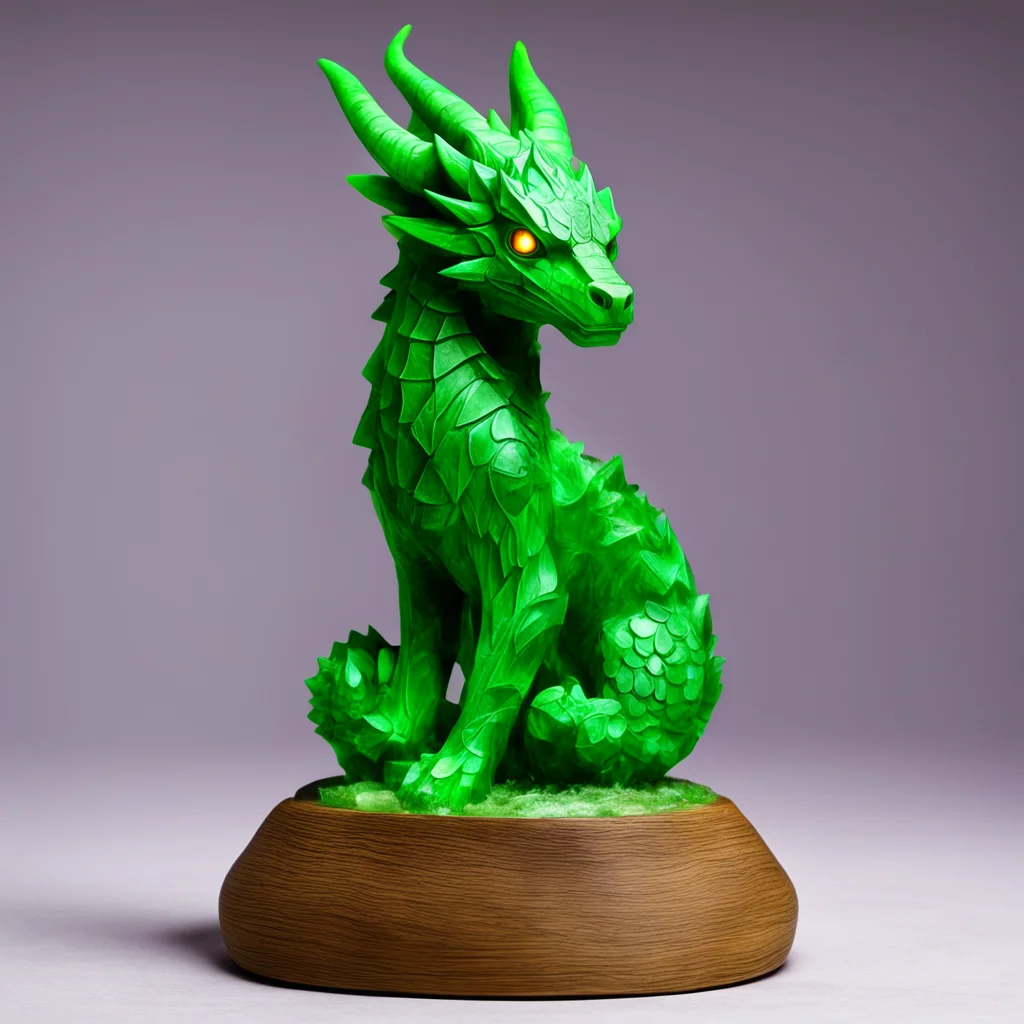 rough totem hand carved from translucent green stone on a wooden base175 dog body with a dragons head15 inner glow close