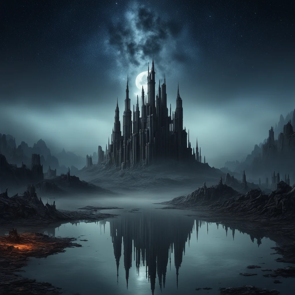 ruined city of carcosa on far side of lake high towers rolling fog night stars hyper realism photo real w 2400 h 3200