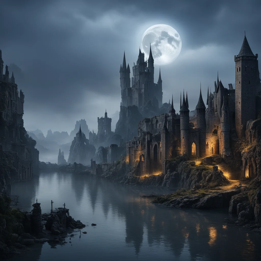 ruined fantastic medieval city with towers on the shore of a lake misty night moon hyper realism photo real —w 1200 —h 8