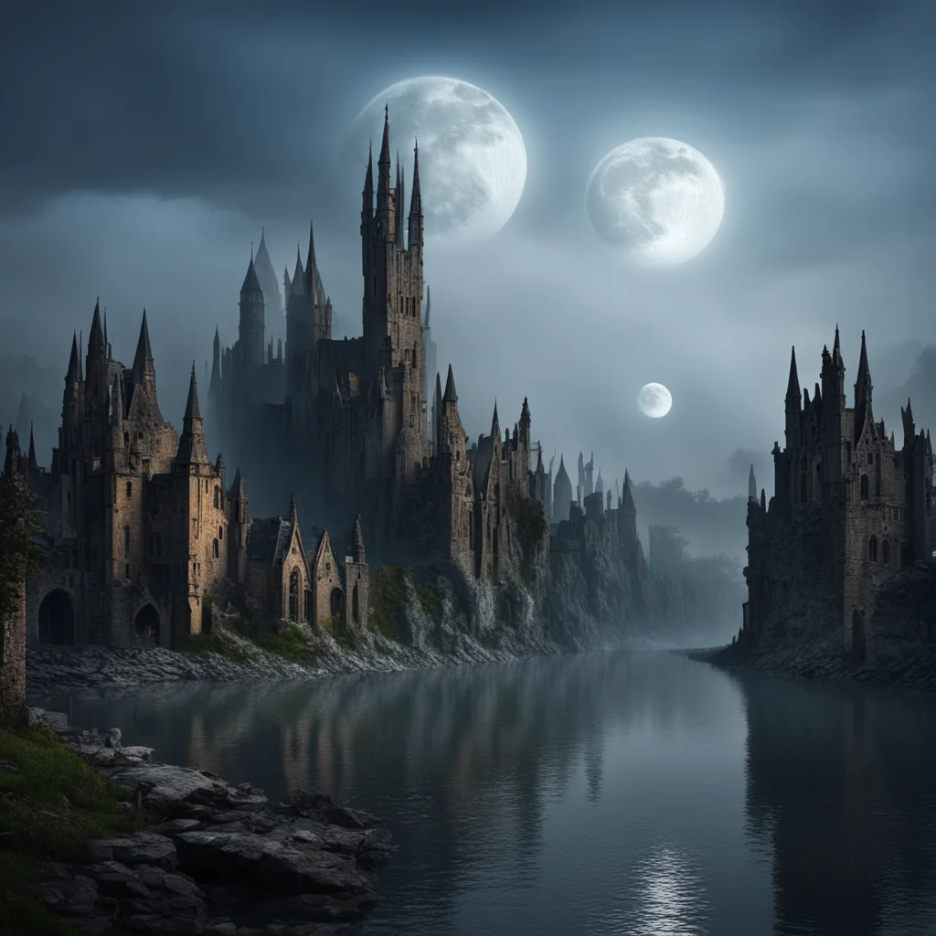 ruined large fantastic medieval city with very high towers on the shore of a lake misty night moon hyper realism photo r