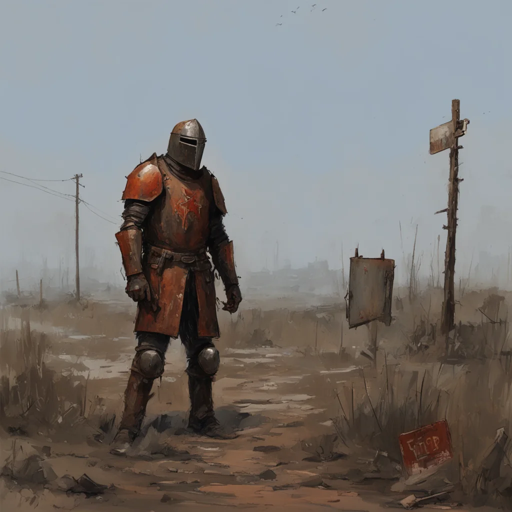 rusted knight in makeshift armour withold stop sign shield in the apocalypse in style of STALKER roadside picnic and jak