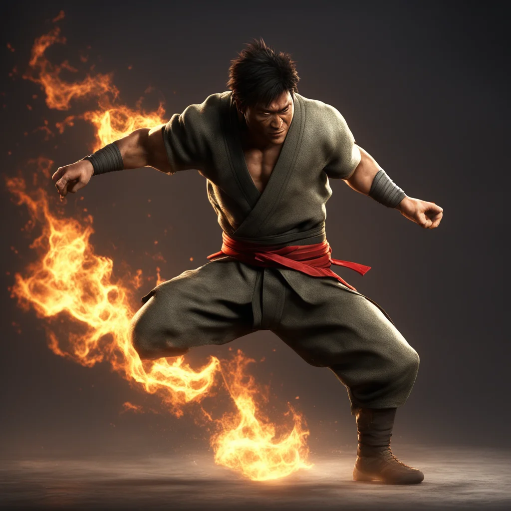 ryu from mortal Kombat kicking with cinematic lighting and a high end realistic octane rendering
