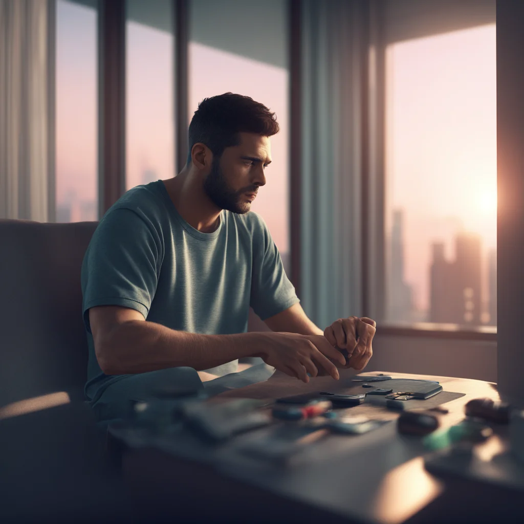 sad man playing video games early morning light window photoreal hyper real octane render 4k