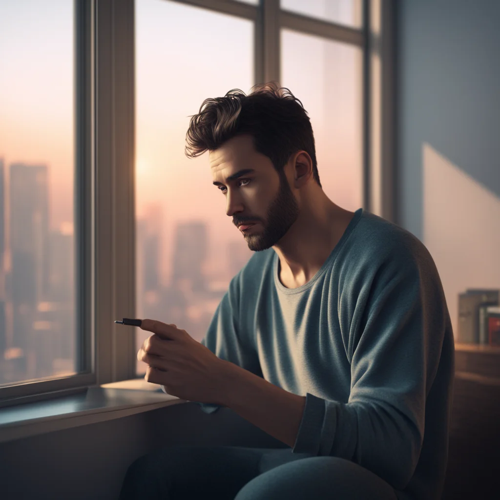 sad man smoking andplaying video games early morning light window photoreal hyper real octane render 4k