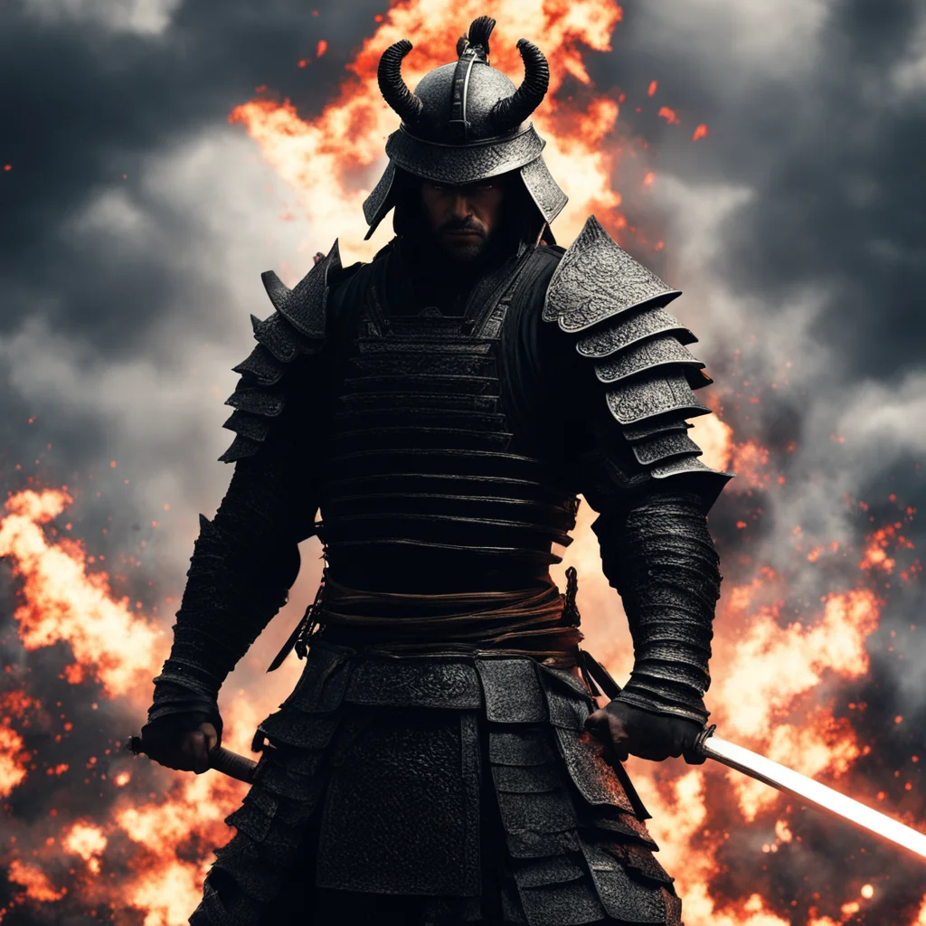 samurai holding a sword in a black armour highly detailed cinematic atmospheric dark intricate details explosions in the