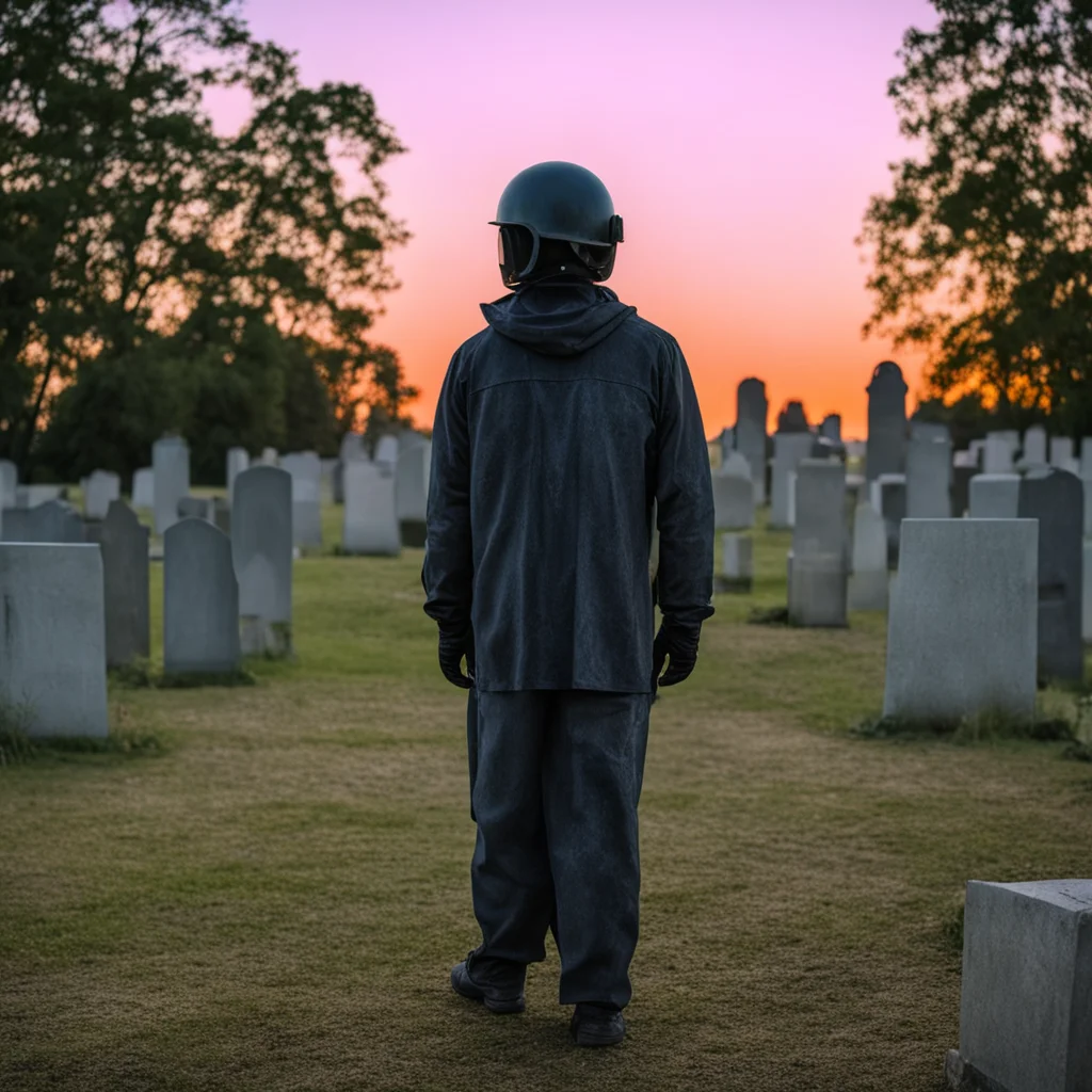 sandblasting helmet man in a cemetery at dusk