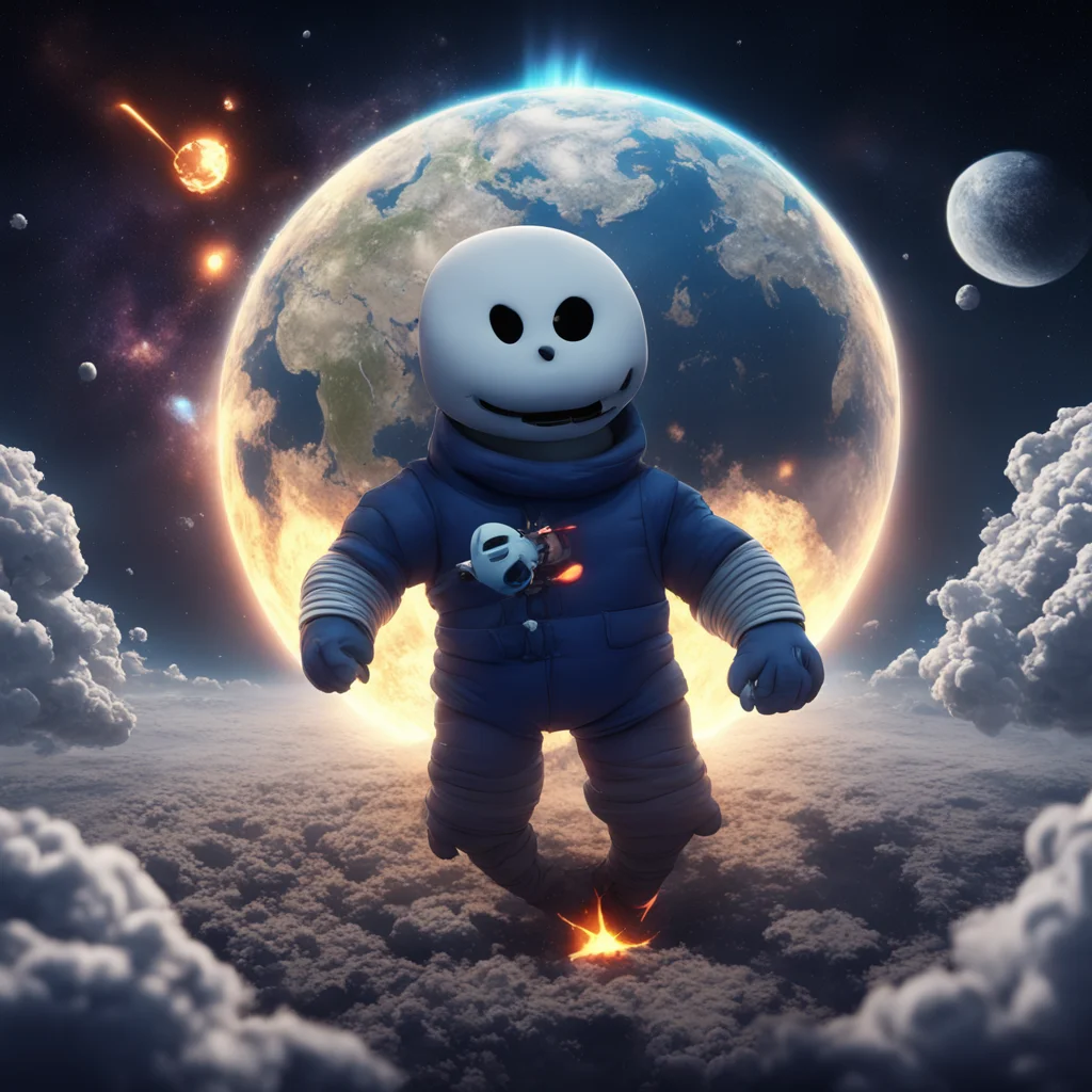 sans from Undertale plowing through the Earths core as several meteors orbit around the earth Highly detailed futuristic
