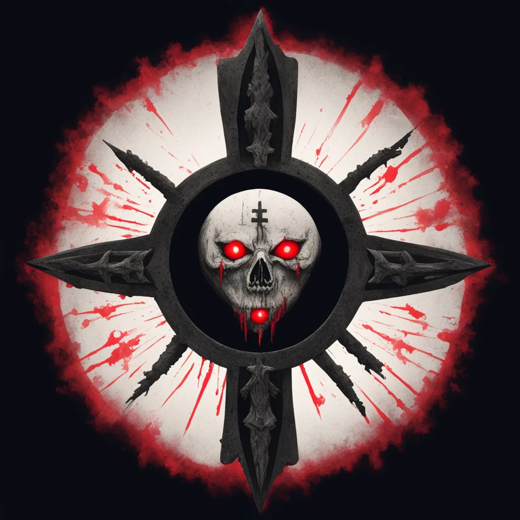 satanic crusaders round white sun behind a black cross with glowing red eyes