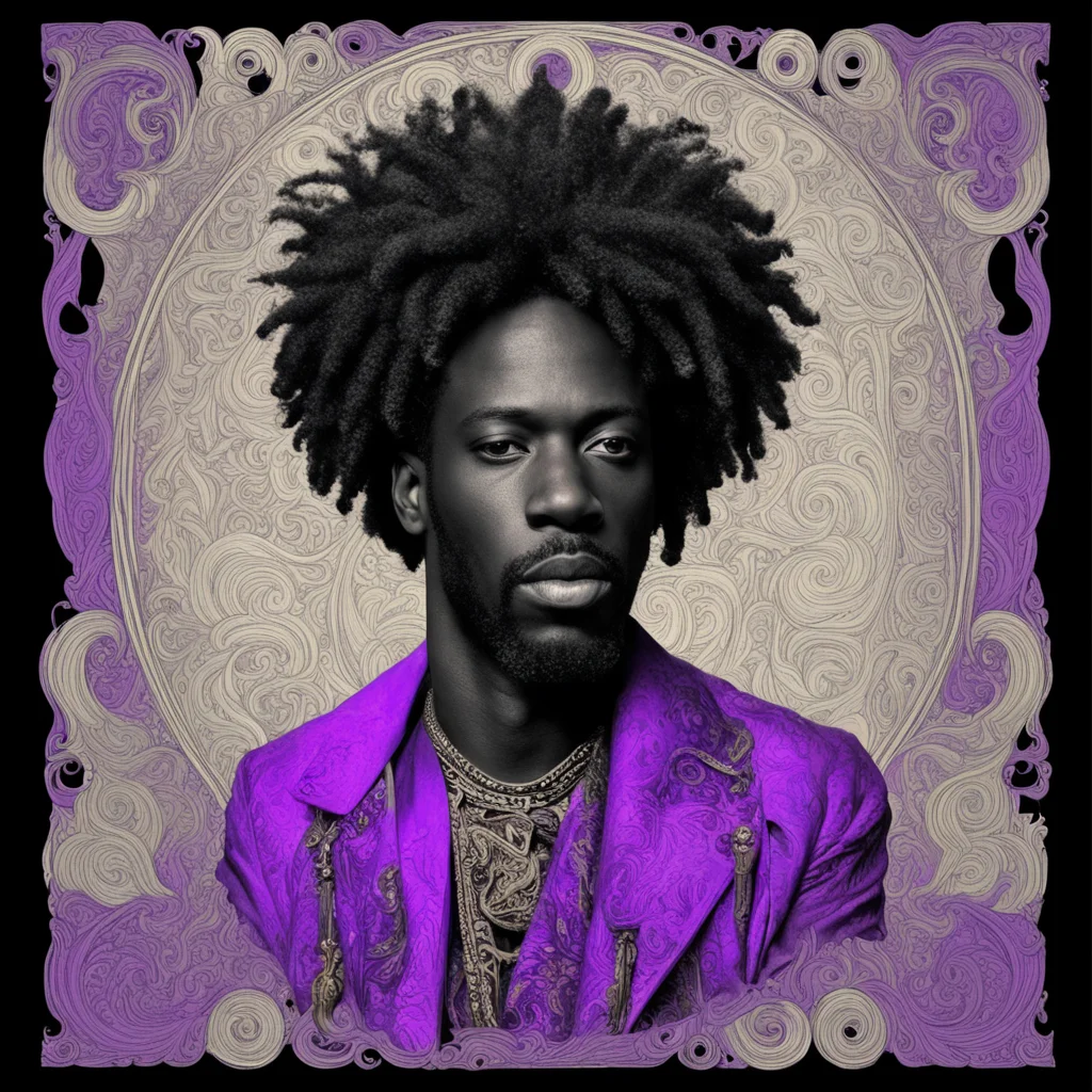saul williams  amethyst rock star  by alfons mucha  black paper with ornemental frame  swirls and plumes of words and mu