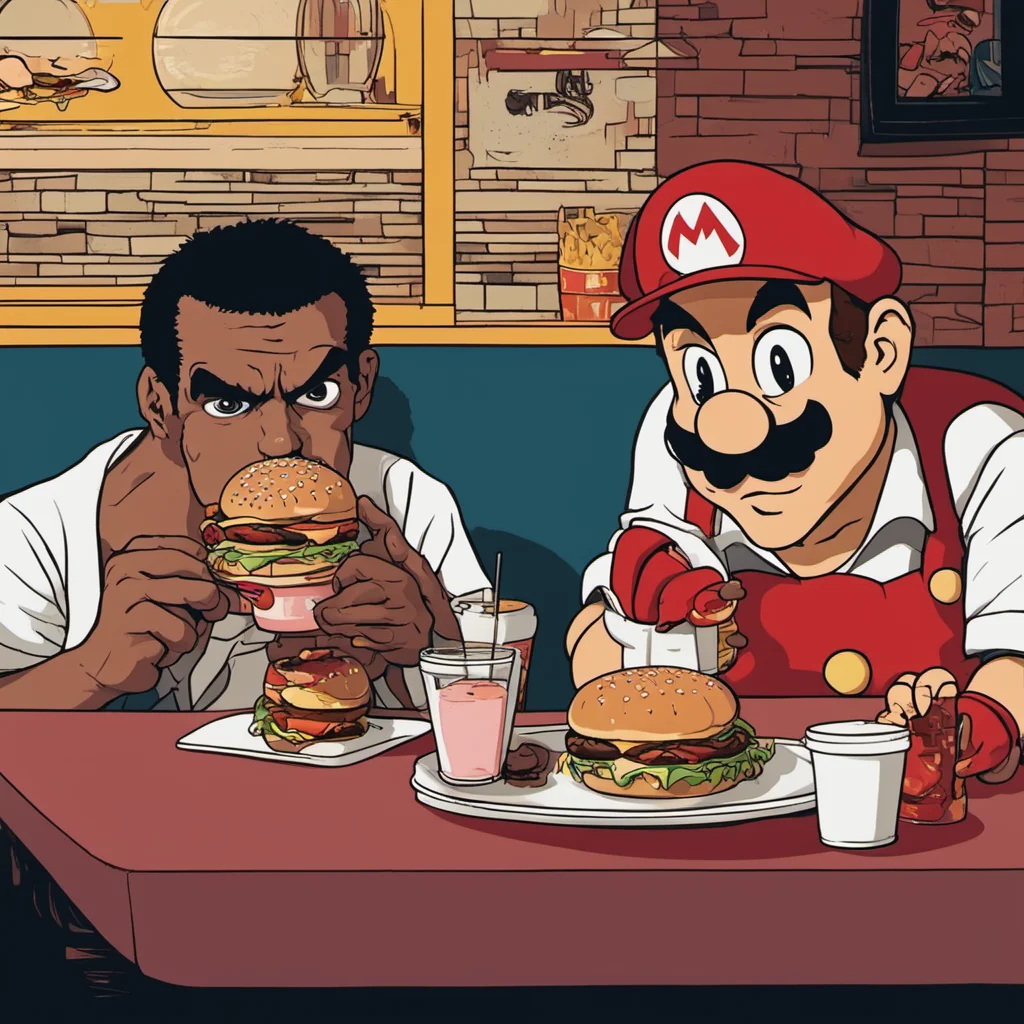 scarface and super mario having a burger