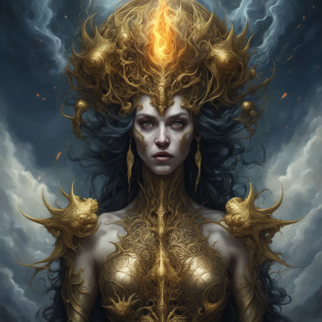 scary rendition of fantasy woman surreal dark goddess greek mythology stormy  meteor highly detailed and intricate golde