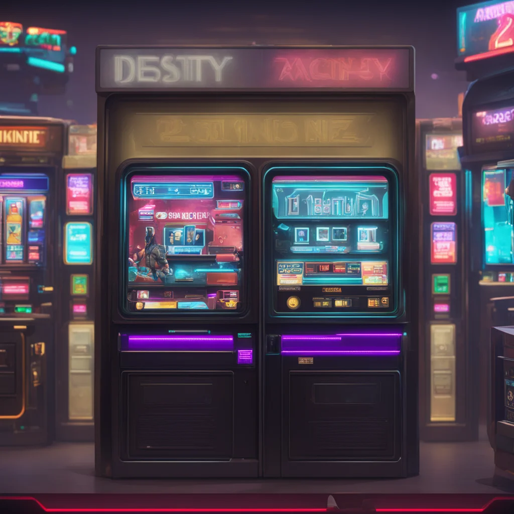 scene from the computer game Destiny 2 where a person is half man and top half is a slot machine  The slot machine is st