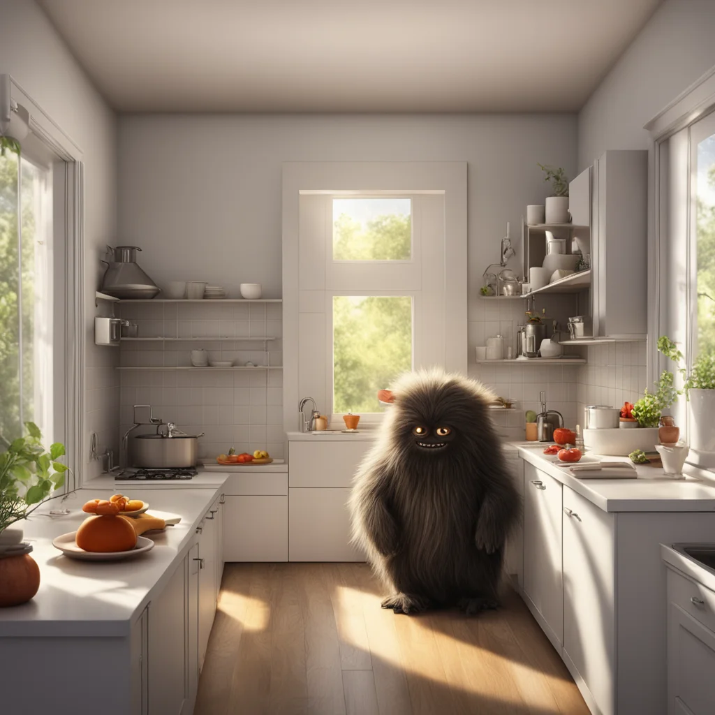 scene in a kitchen1 cute hairy monster with glowing eyes that peeks out from a hiding place2 very photorealistic detaile
