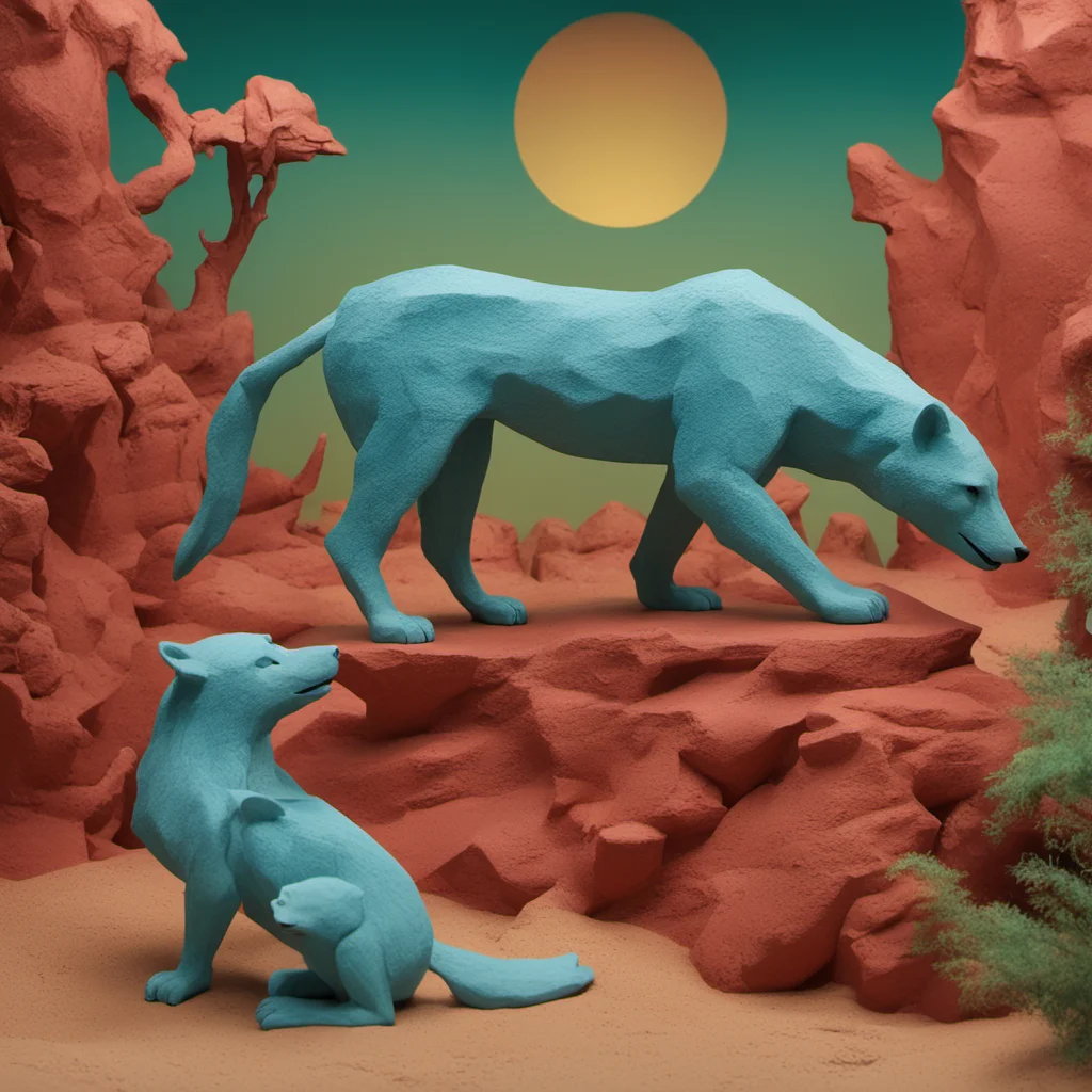 scene with four animals10 a turquoise bear2 and a limestone wolf2 and a limestone panther2 and a red clay badger2 as a detailed claymation