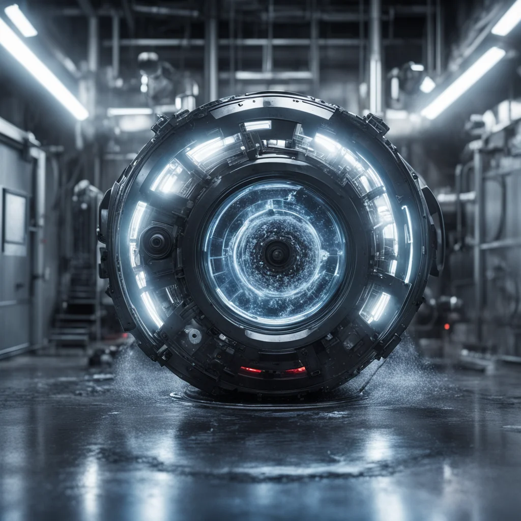 sci fi high tech vortex portal machine spills space fluid over the polish metal laboratory floor as warning lights flash