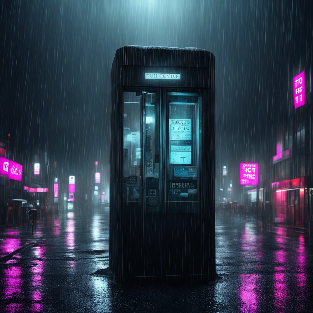 sci fi lonely city raining at night hyperrealistic phone booth top lighting eerie shadows spooky