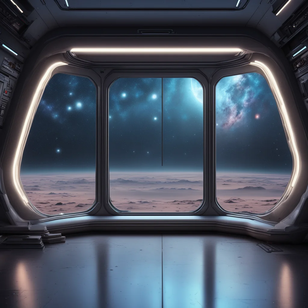 sci fi space interior window looking out to the stars star wars styled hyperrealistic 8k ar 169