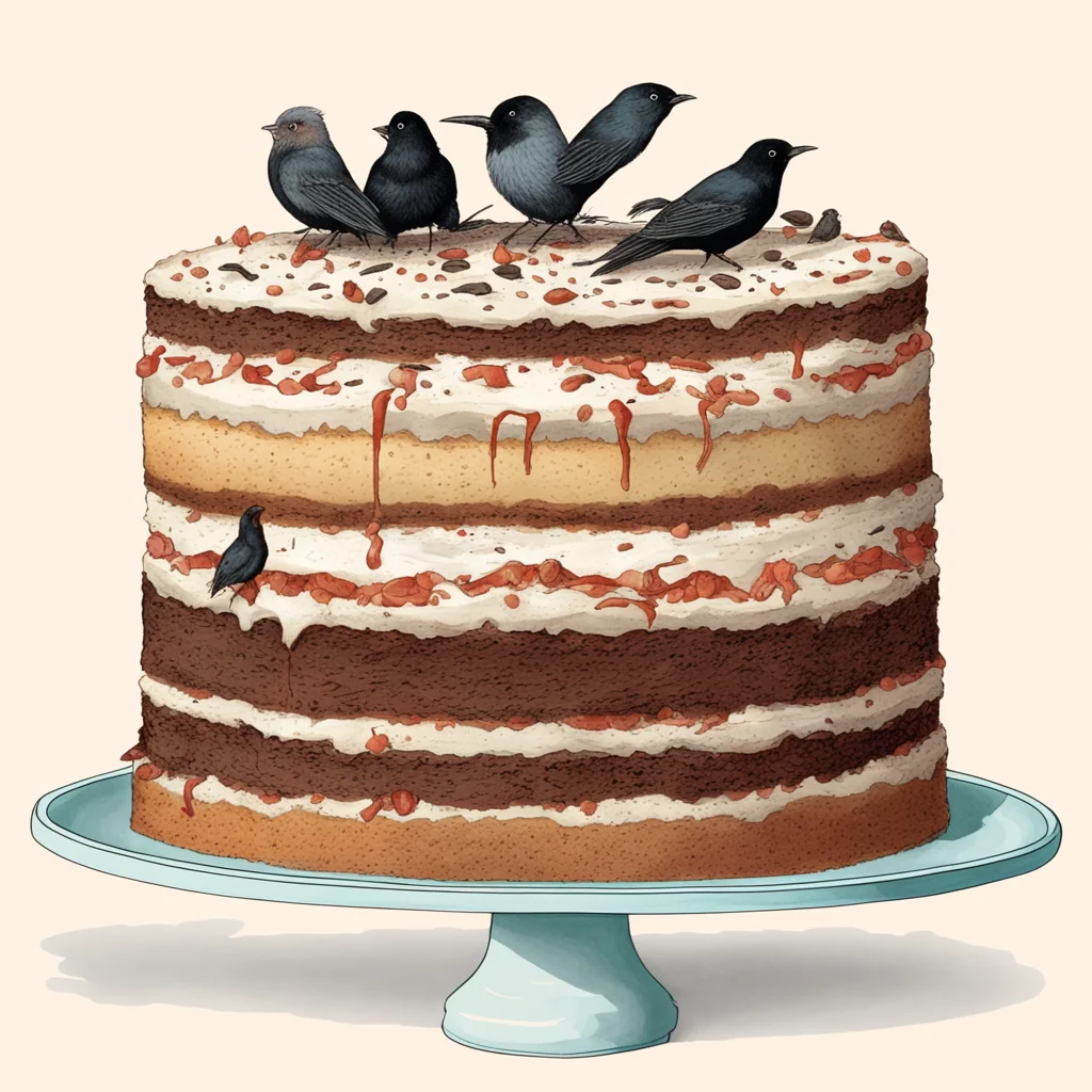scientific illustration of a cross section of a layer cake full of dead birds