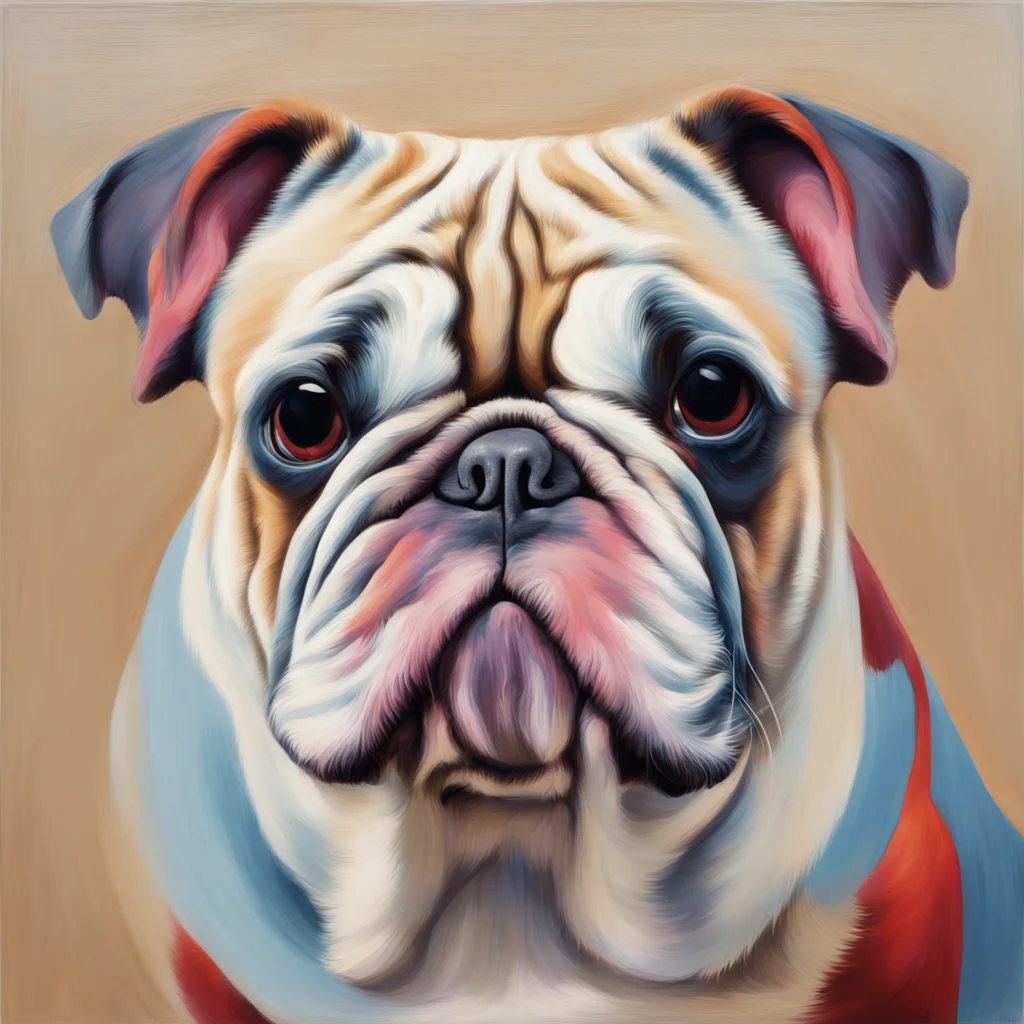 sfumato painting of a bulldog with reddish and bluish screws in the folds of their snout ar 169