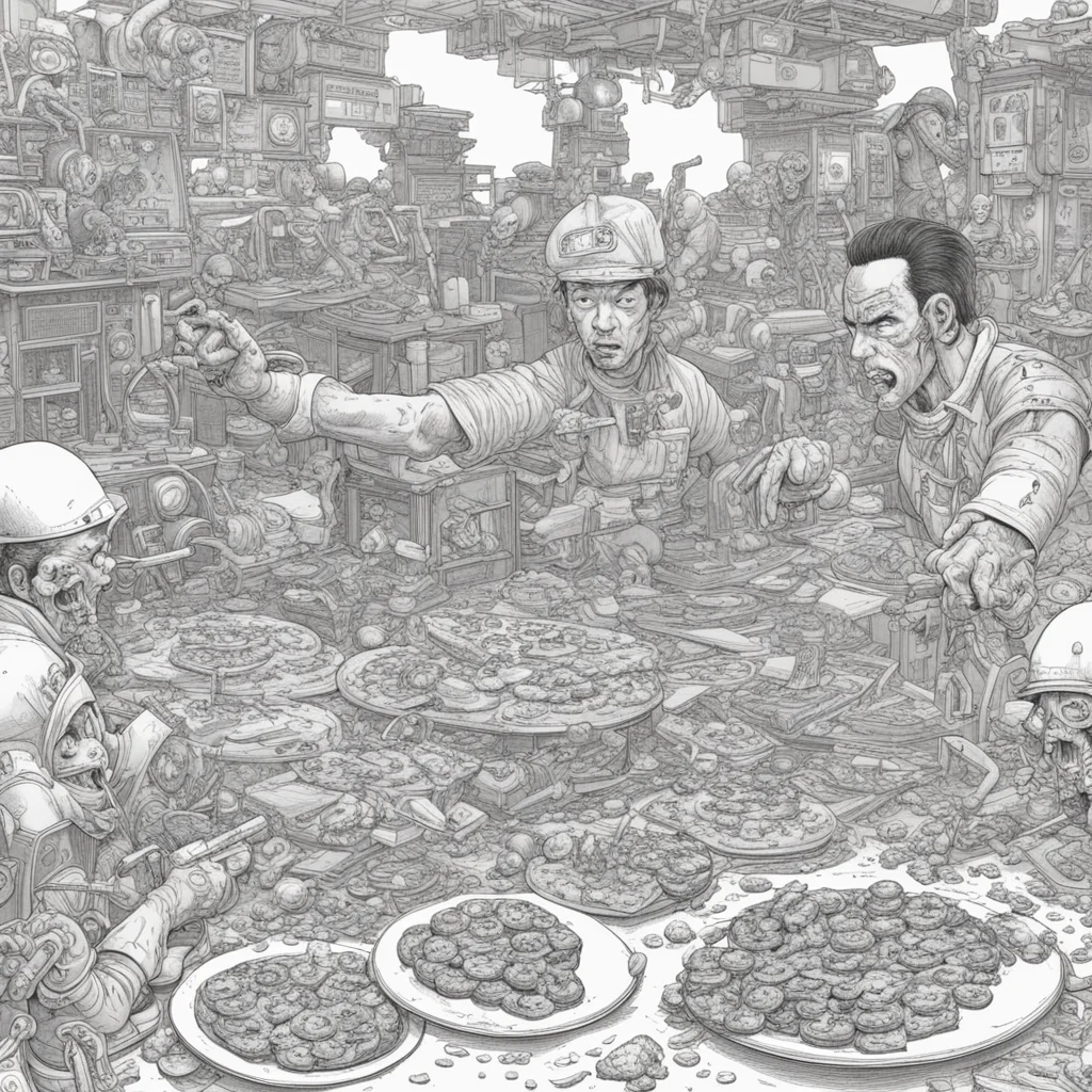 shaolin cowboy eating explosive pizza surrounded by broken machines and dead bodies hyperdetailed line art drawn by Geof