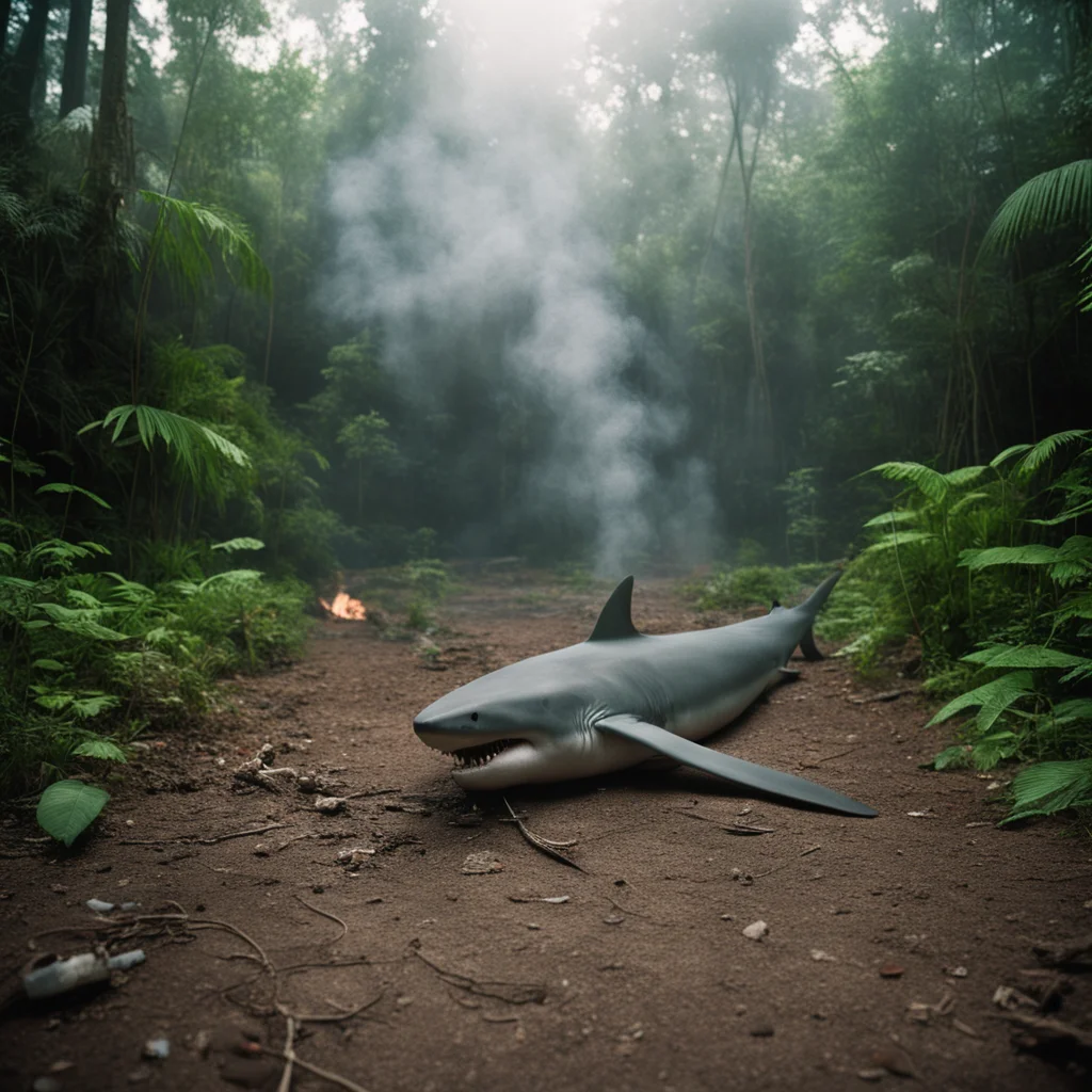 shark skeleton smoking a cig jungle harp on ground direct wide angle view atmospheric dreamy realistic full frame 35mm film flash photo Gregory Crewds