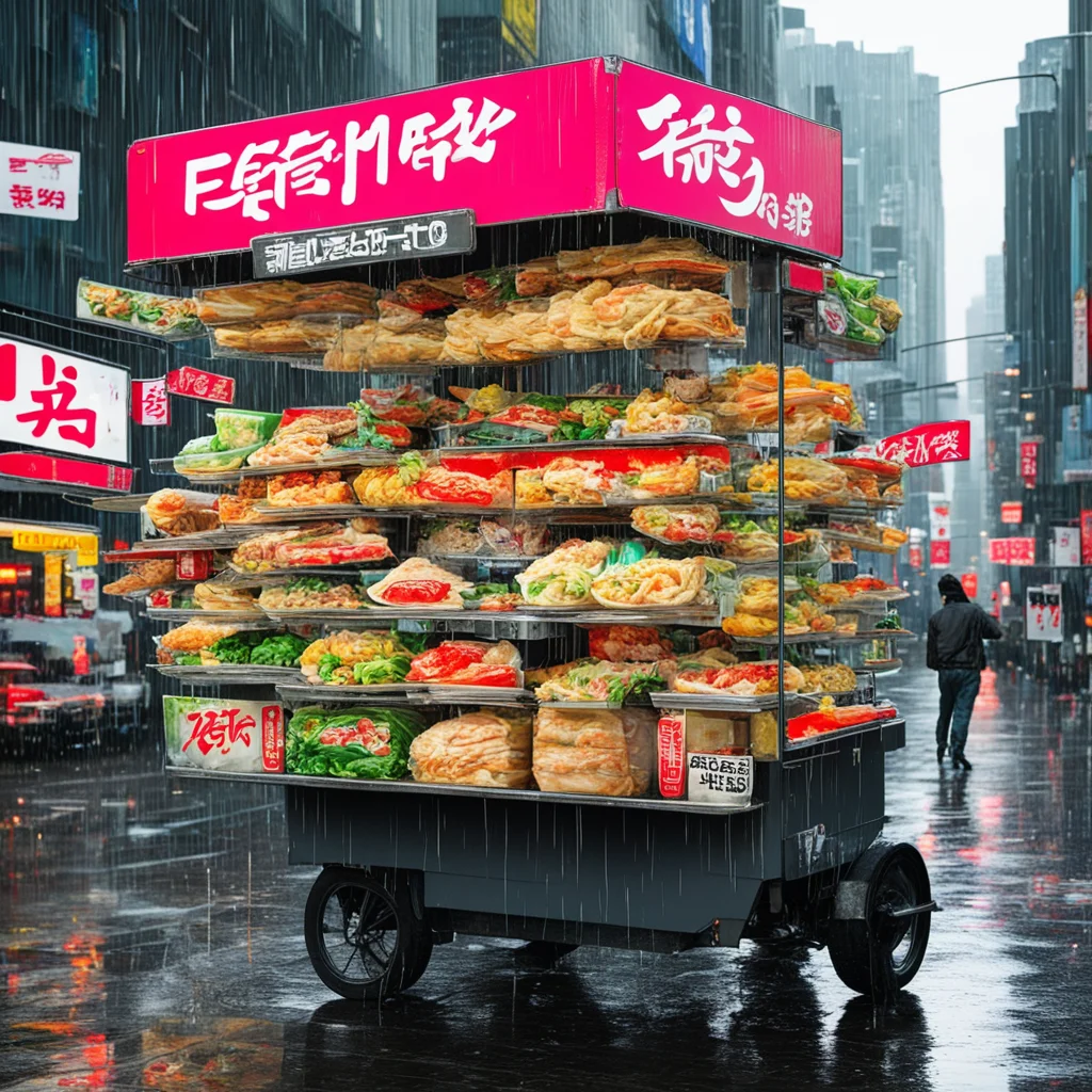 shef riding food cart flying in a cyber city in the rain at morning  ramen sale flying merchant  sell ramen  lowtech sys