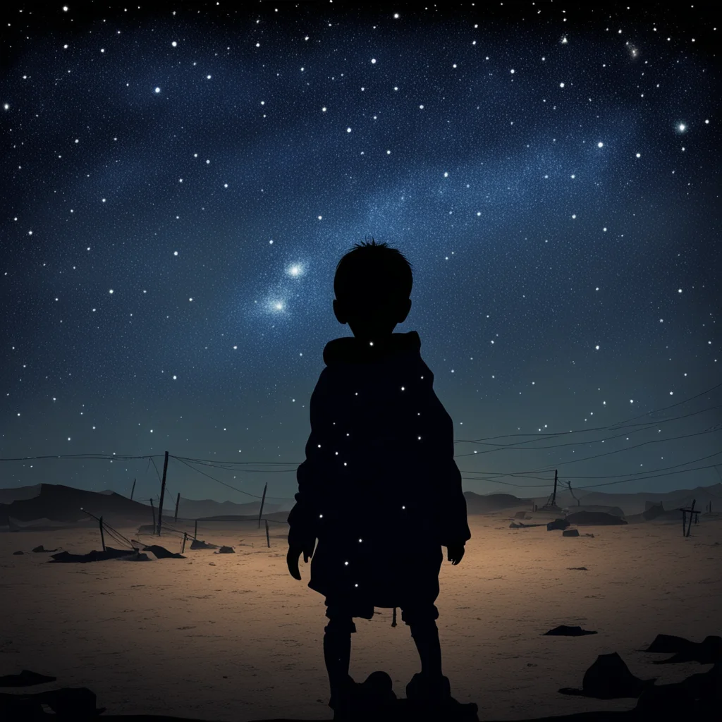 shilouette of a triste child in a refugee camp at night starry night highly detailed and creepy