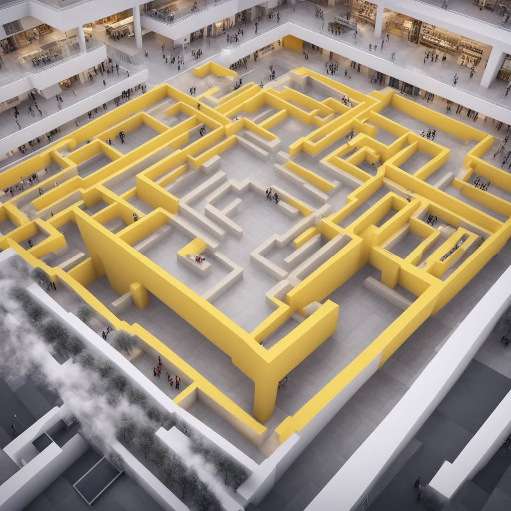 shopping mall labyrinth from above 4k render cold complementer ultrarealistic photography cinematic color scheme1 yellow