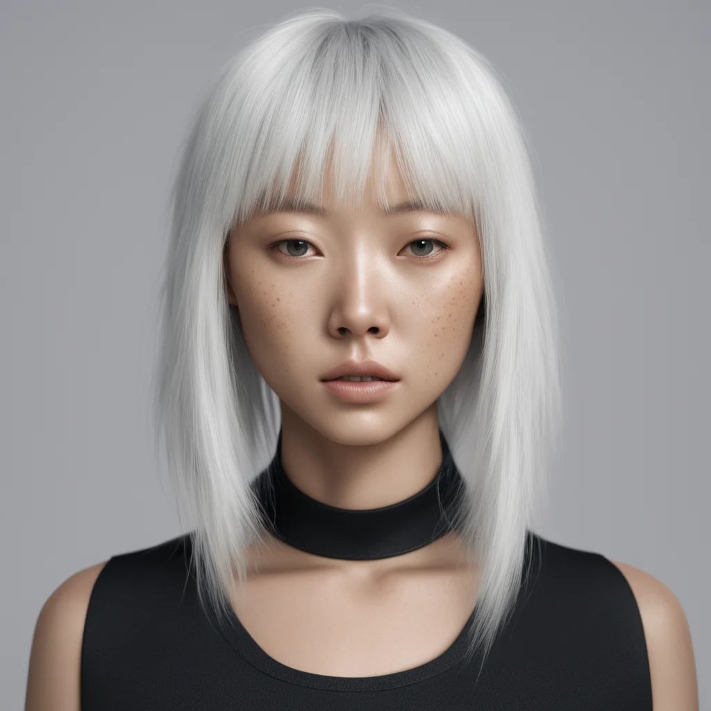 sia all white hair freckled 8k photorealistic symmetrical face pretty asian woman bangs black sleeveless tactical clothi