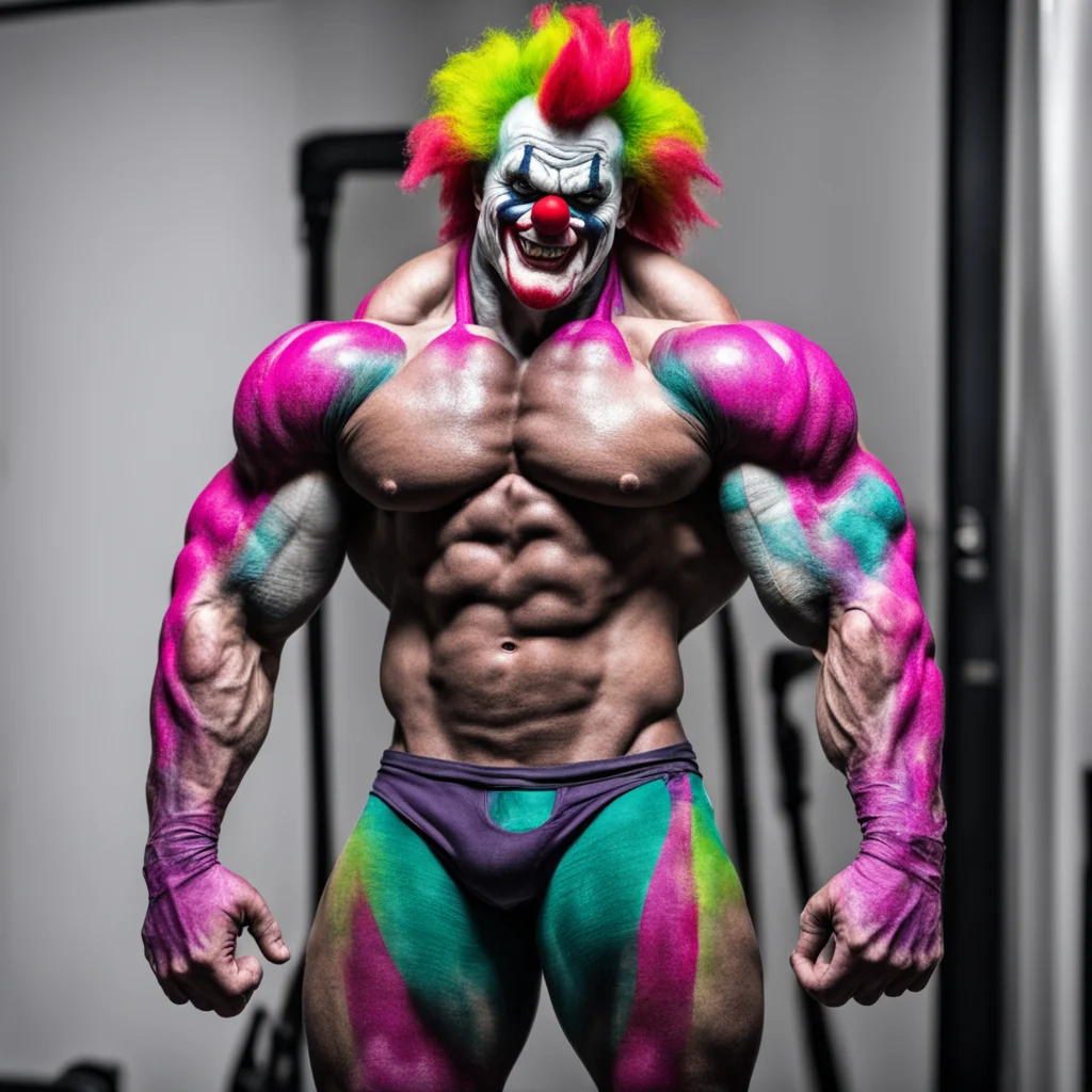 sick freak clown body builder with extreme muscles —ar 45