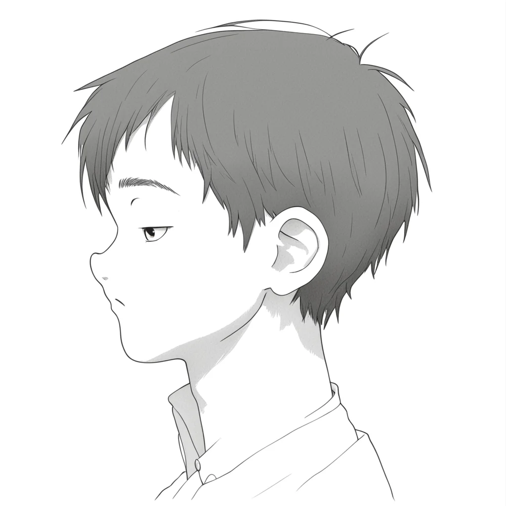 side view of a boy head side face 45 angle style of Studio Ghibli Japanese manga anime detail outline Hayao Miyazaki
