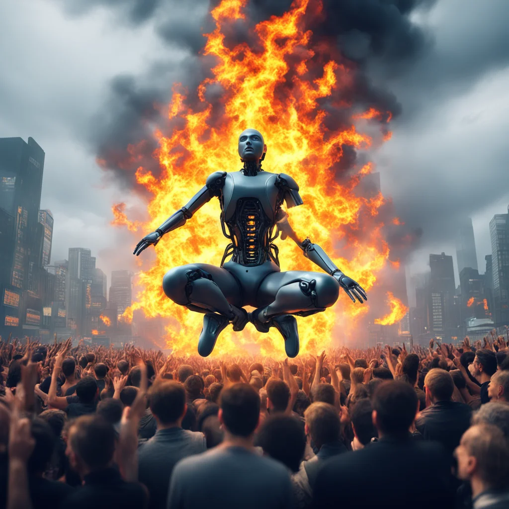 sitting man levitates crowd of people into the air cyber punk robot scream  fire into the sky hyper realistic highly def