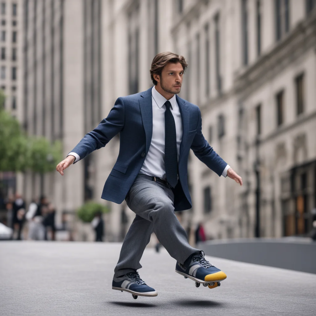 skateboarder in suit on wall street photography action hyperrealistic highly detailed 8k no dof ar 34