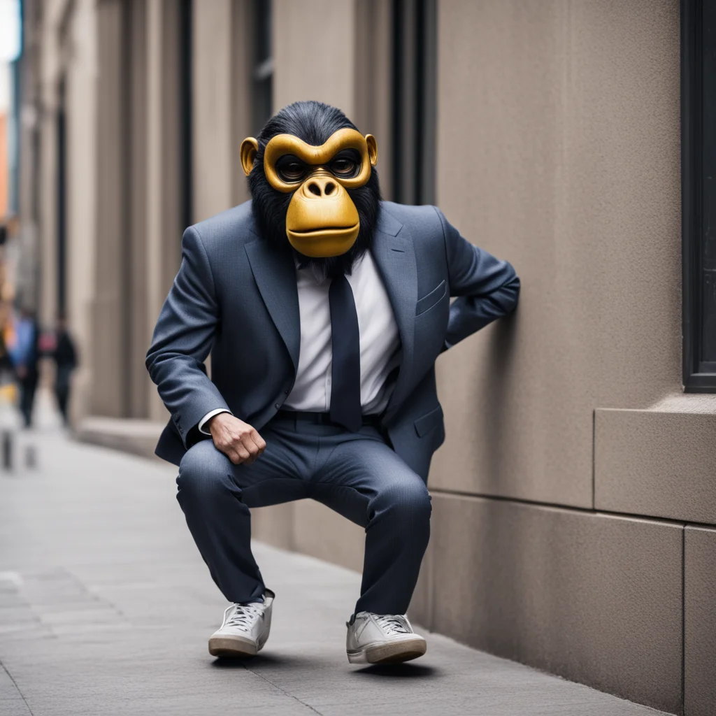 skateboarder wearing a suit and ape mask on wall street photograph hyperrealistic highly detailed 8k no dof ar 34