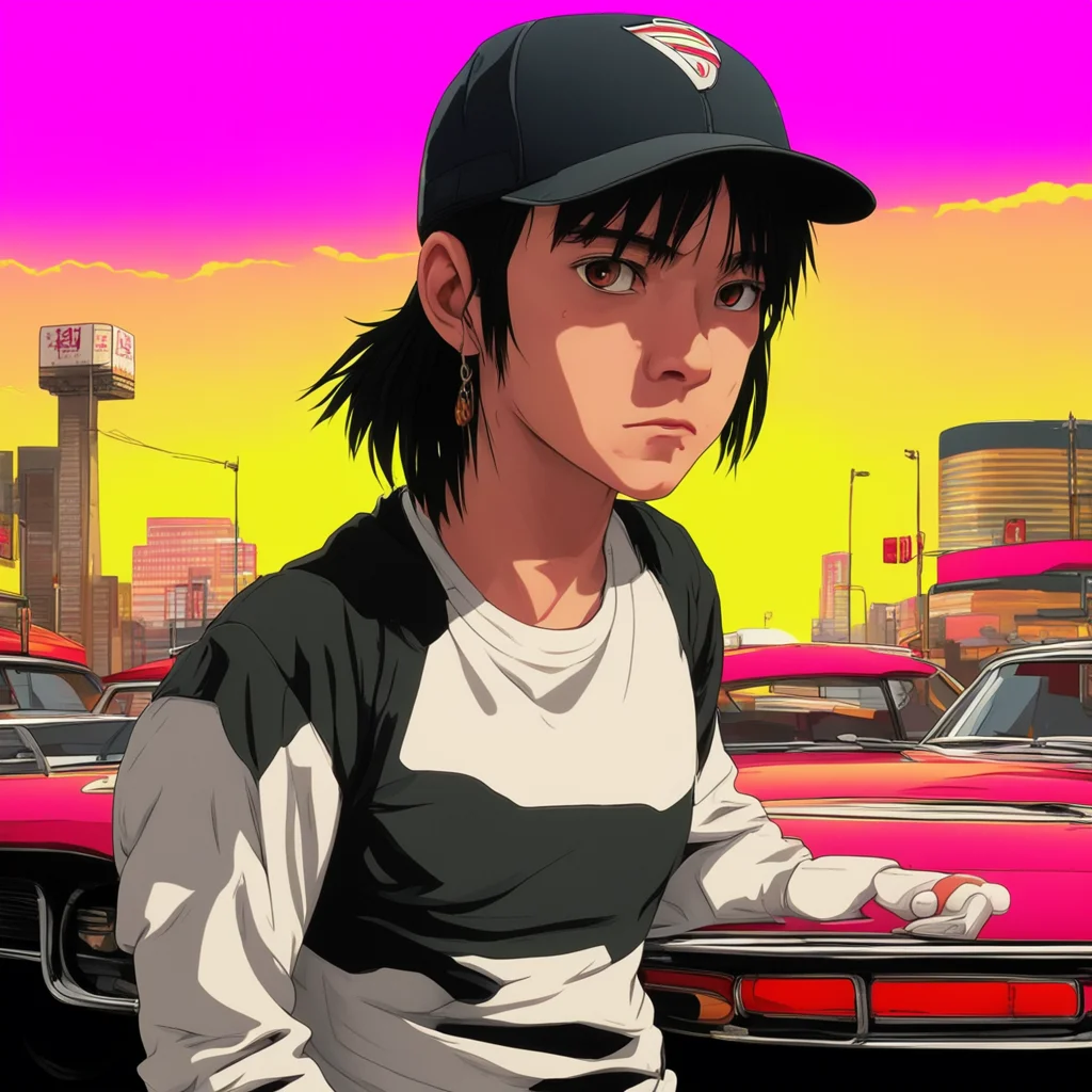 skater punk with baseball hat Japanese anime sunset pulp fiction driver details