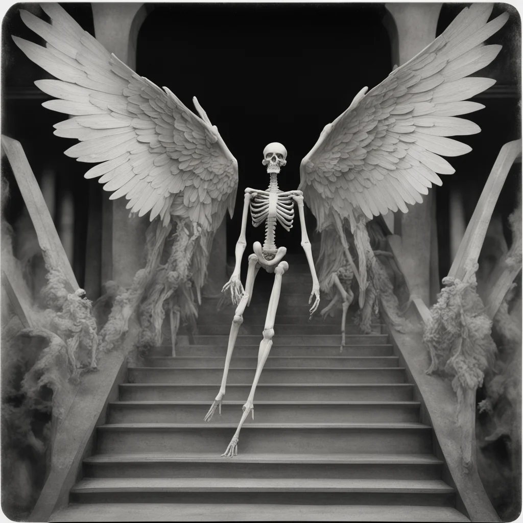 skeletal humanoids descending a staircase with multiple outstretched bird wings high detail render Tintype by Ansel Adam
