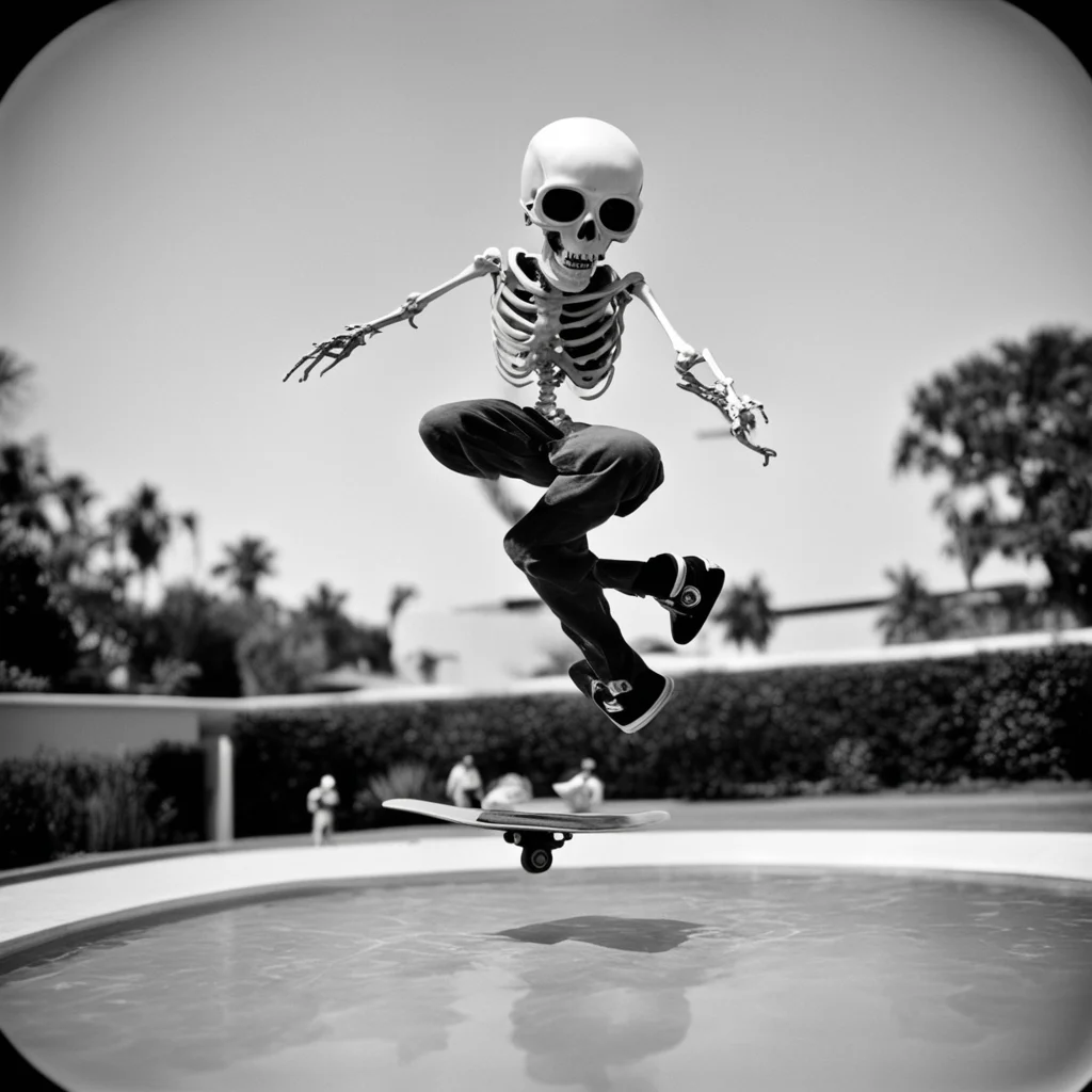 skeleton jumping a pool on skateboard black and white viewmaster photo 35mm fisheye kickflip