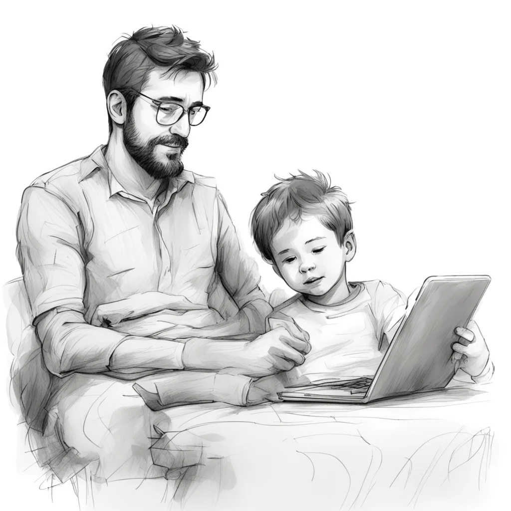 sketch of father and son playing with tablet